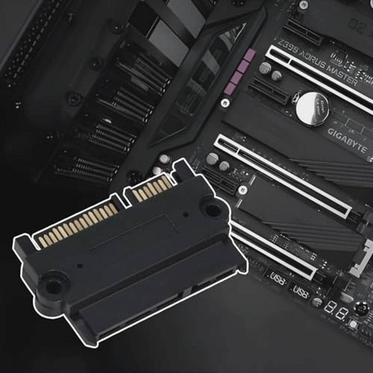 SATA HDD adapter installed on a motherboard, 22-pin connector near SATA ports