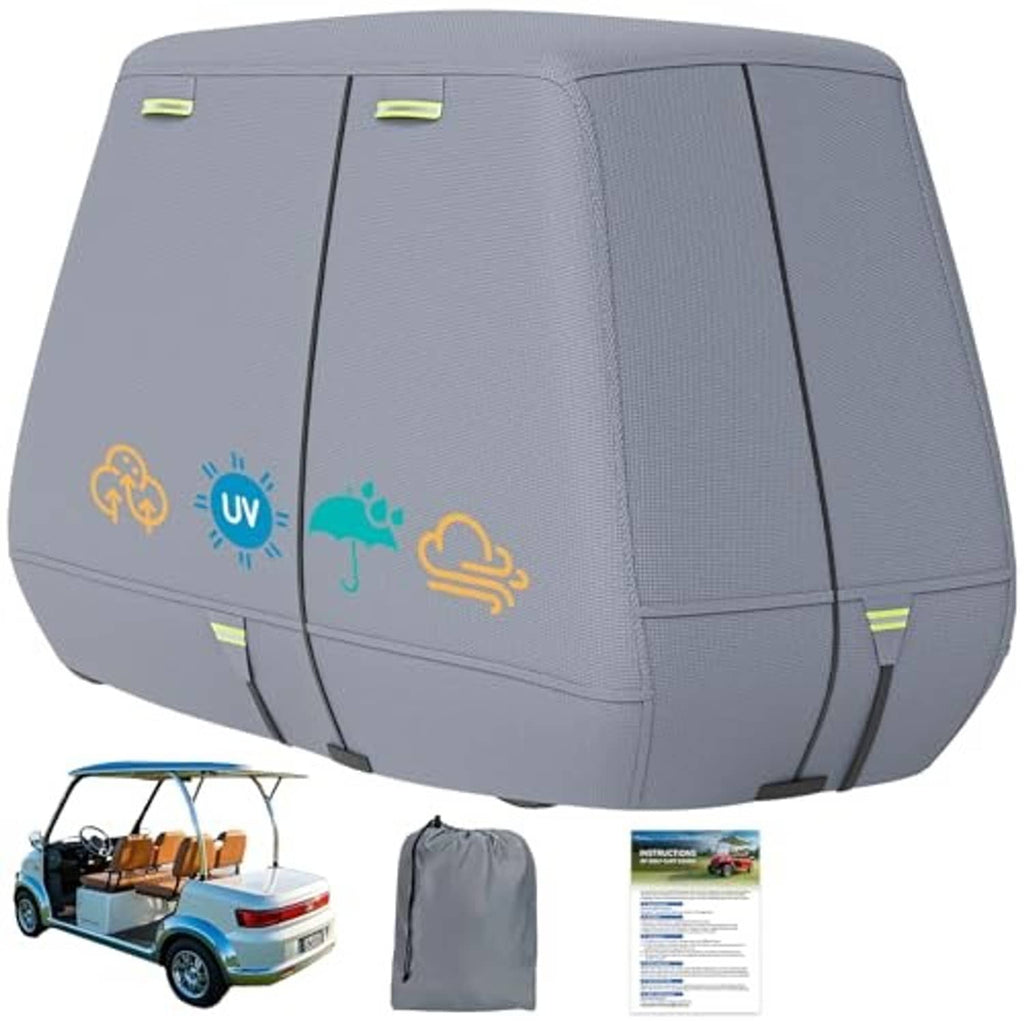 Gray golf cart cover with front zip sections and reinforced panel seams for 4-passenger carts