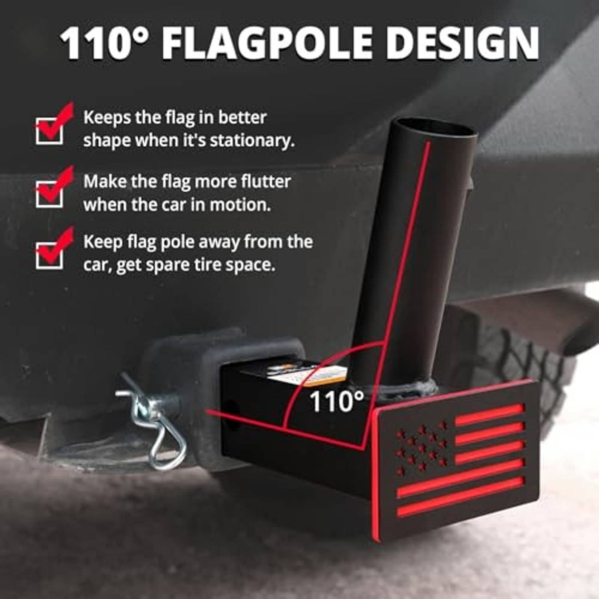 Black hitch flagpole holder with red accent panel and angled pole for flag clearance