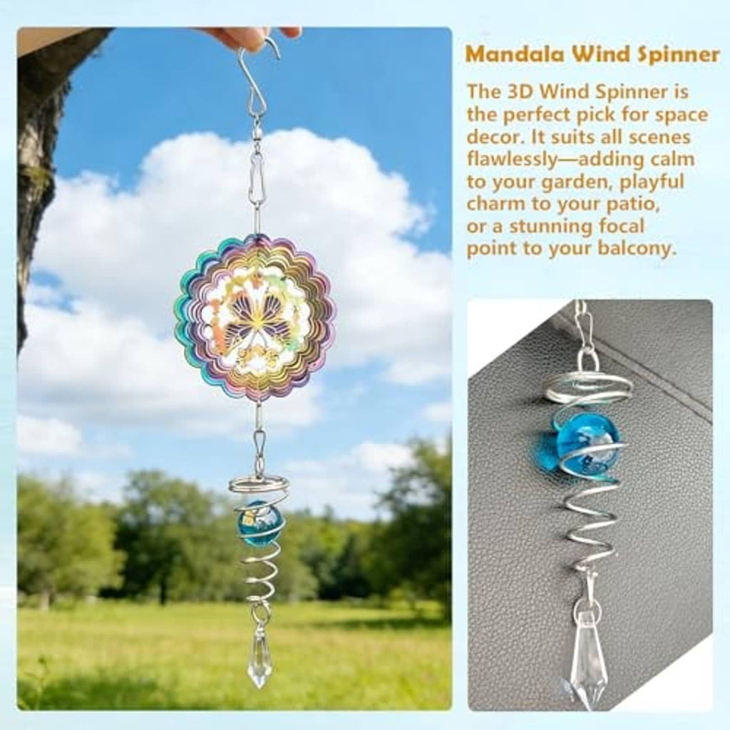 Mandala wind spinner with rainbow disc, blue bead ornament, spiral rod, clear crystal