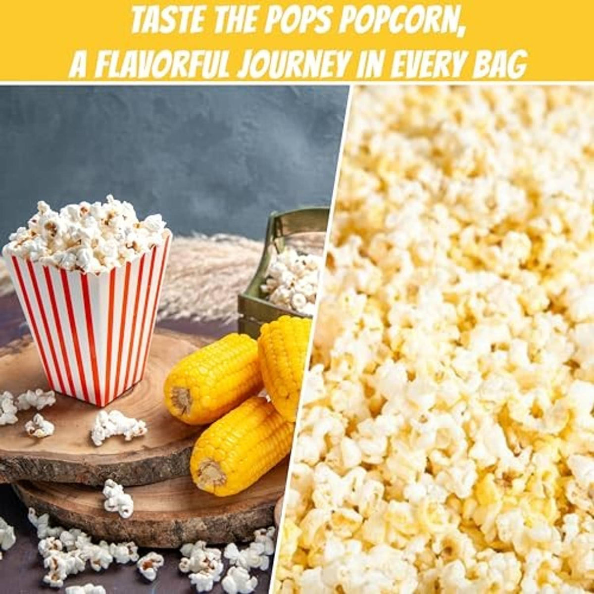 Popped popcorn in red striped bowl with corn kernels and tray