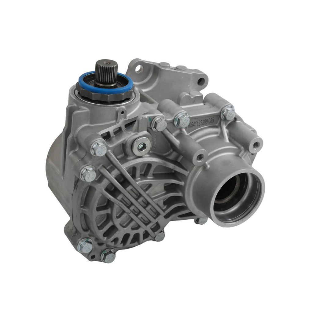 Metal transfer case housing with blue seal ring and mounting bolts, side view