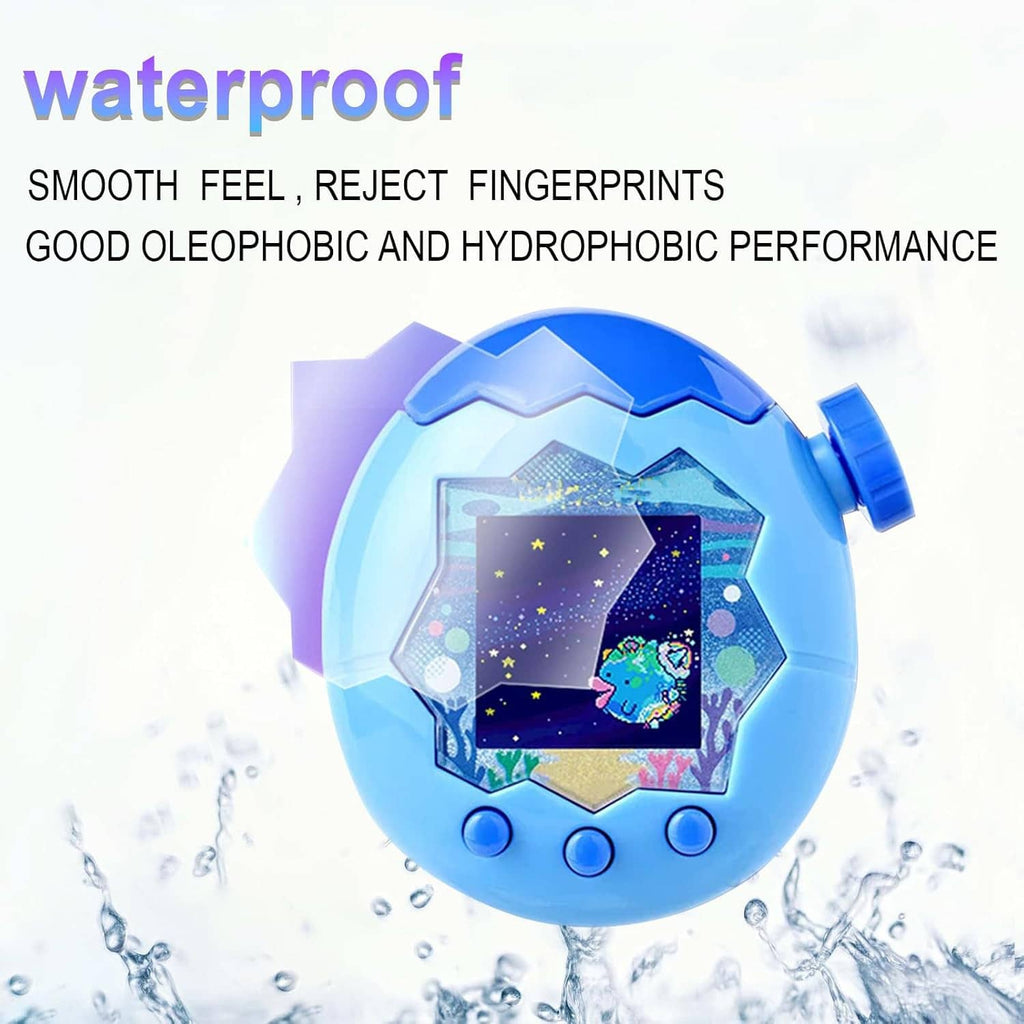 Blue handheld Tamagotchi screen protector film on display with water droplets