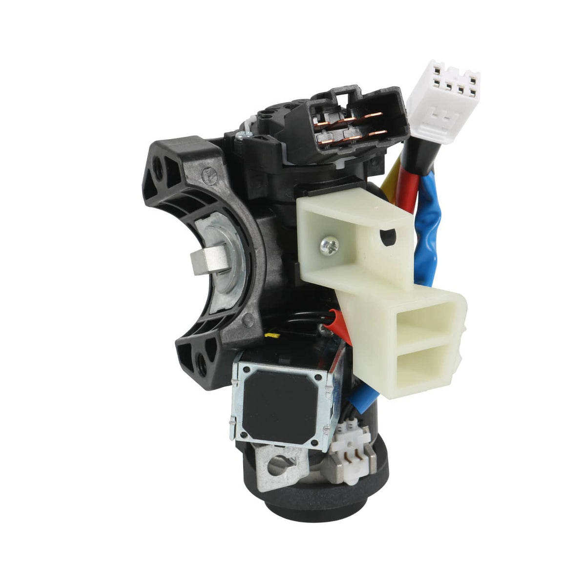 Ignition lock switch assembly showing electrical connector blocks and white plastic housing