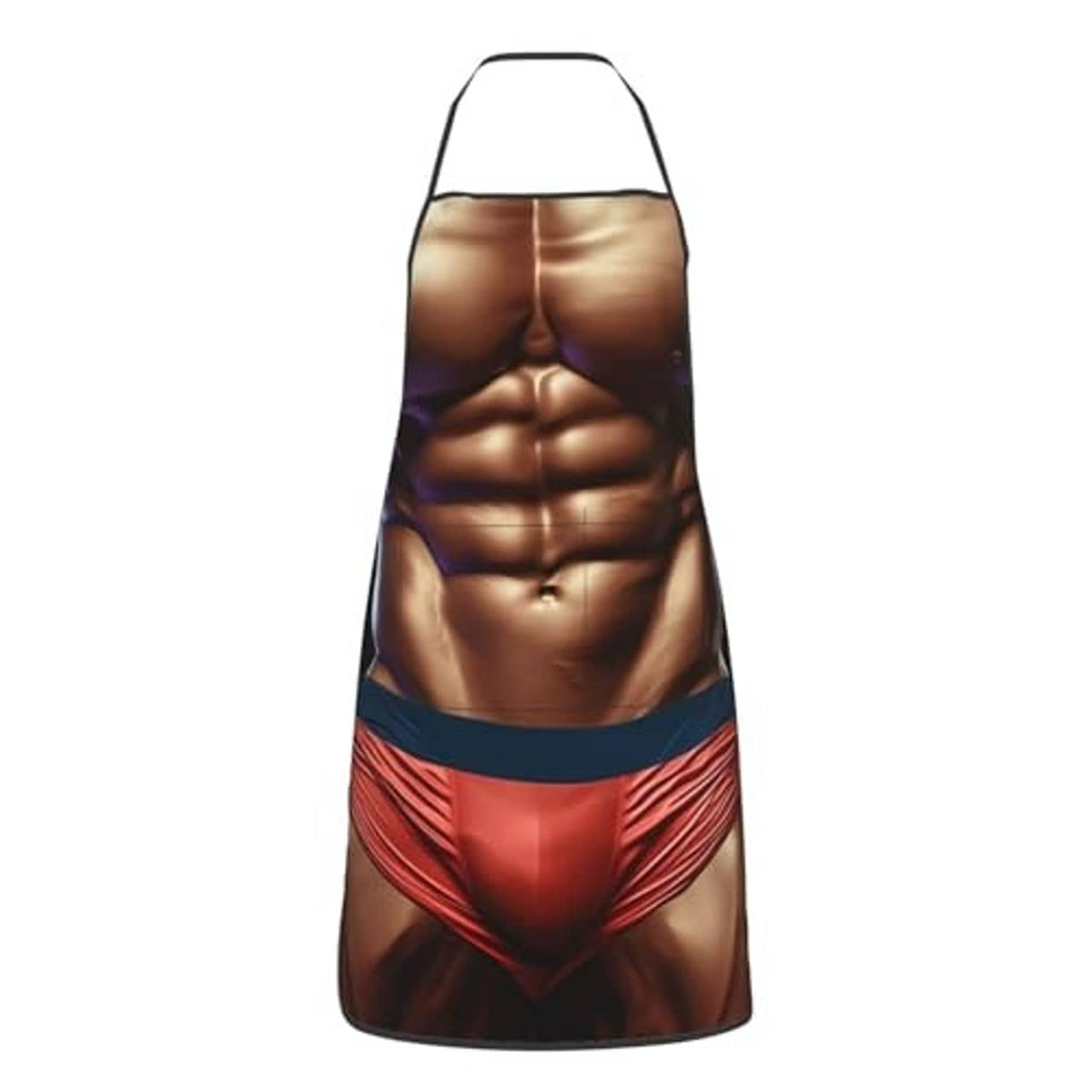 Novelty waterproof apron front view with muscle print and red-blue waistband