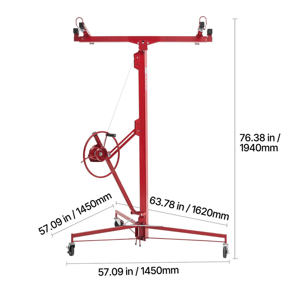 Red drywall hoist dimension view with winch wheel, column, and four-wheel base