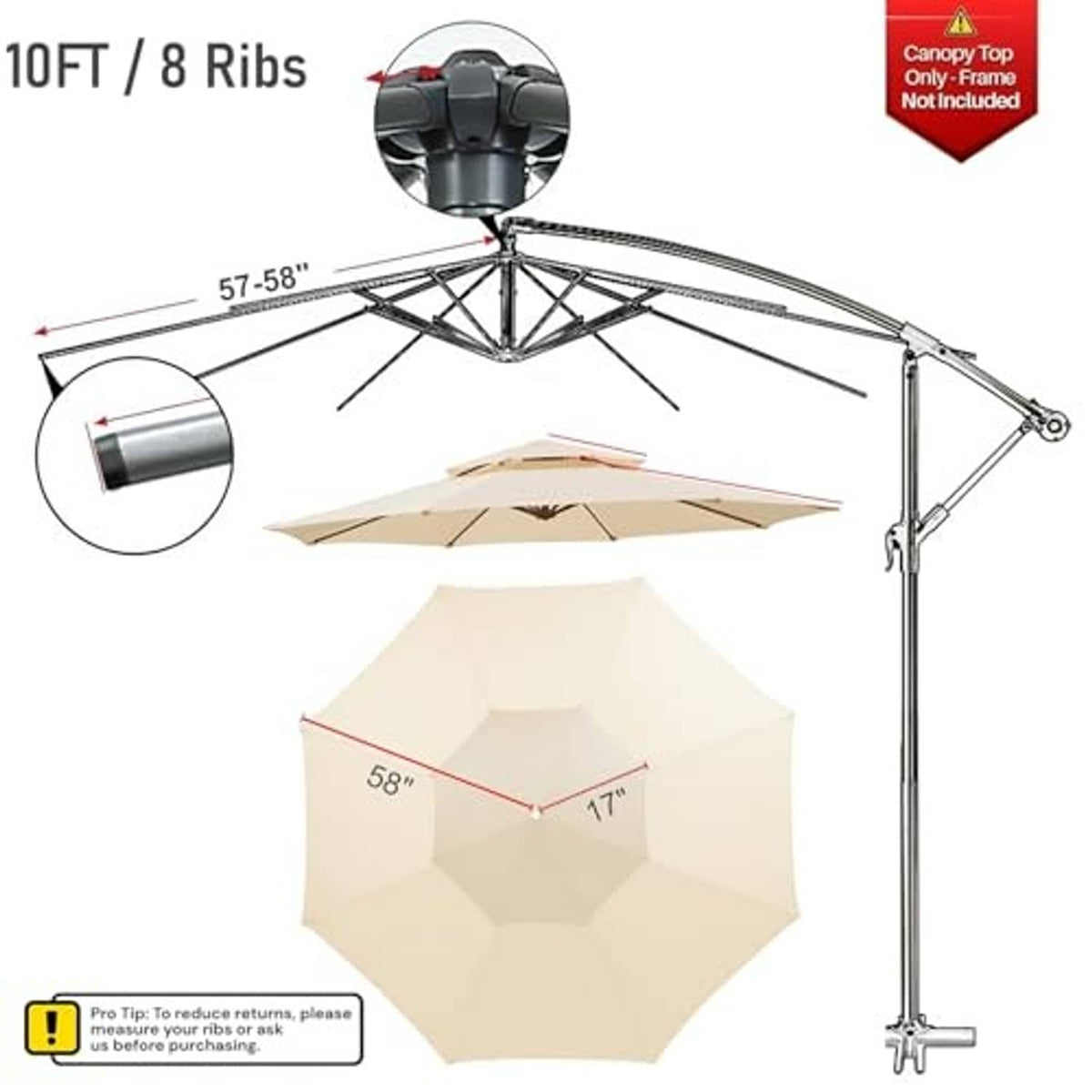 Khaki 10ft round patio umbrella replacement canopy with 8 ribs diagram
