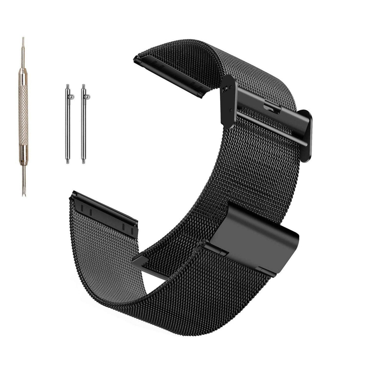 Black stainless steel mesh watch band with quick-release end pieces, 18mm width