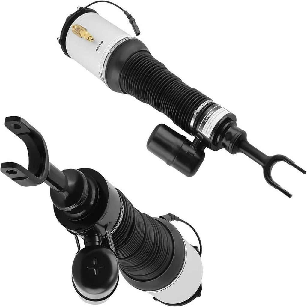 Front air suspension strut shocks, silver air spring with black bellows and mounting fork
