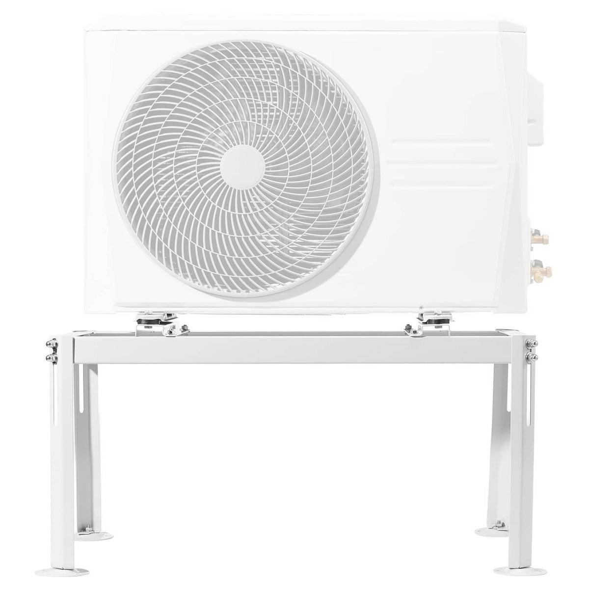 White mini split outdoor unit ground stand with a mounted split AC condenser unit