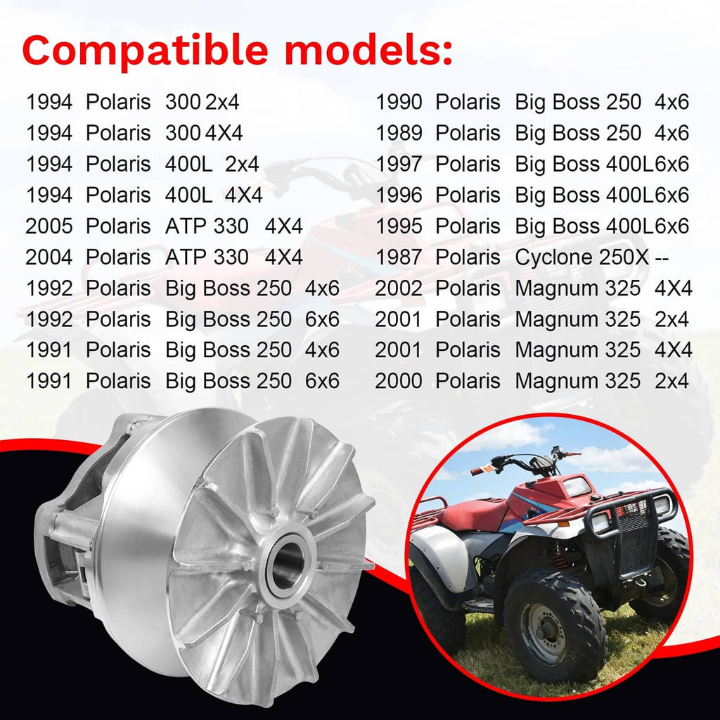 Silver primary drive clutch assembly with finned outer housing and center shaft bore