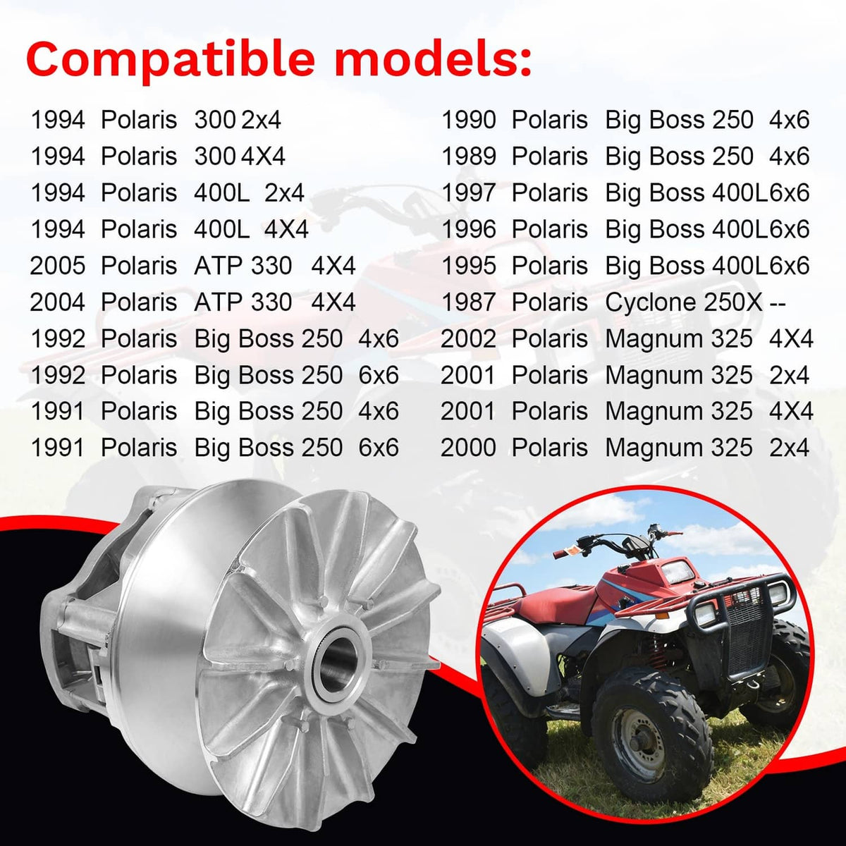 Silver primary drive clutch assembly with finned outer housing and center shaft bore