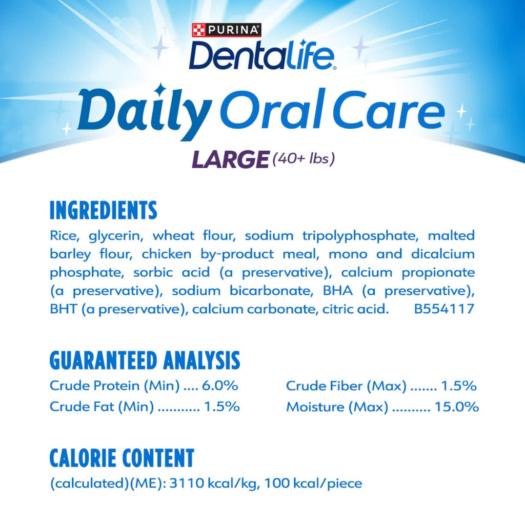Purina DentaLife large dental chews ingredients and guaranteed analysis panel