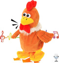 Talking chicken plush toy, orange body with red comb, white collar, yellow feet