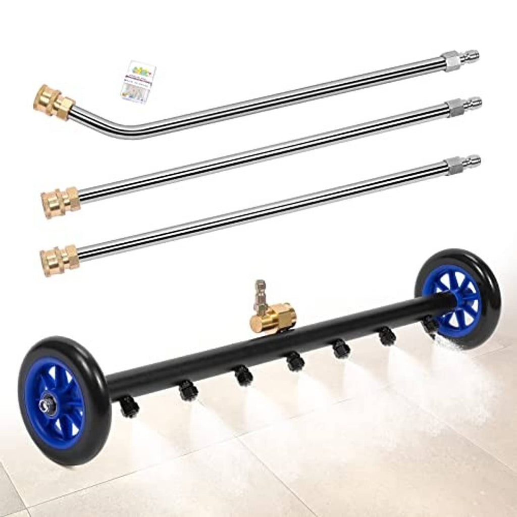 Pressure washer undercarriage cleaner water broom with black wand, blue wheels, and brass connectors