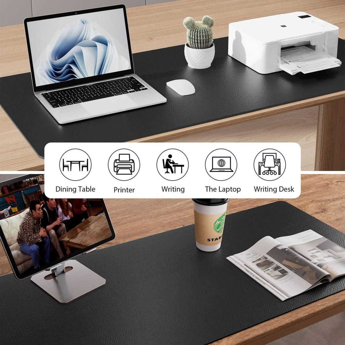 Black desk pad protector for office desks, holding laptop, mouse, and stationery items