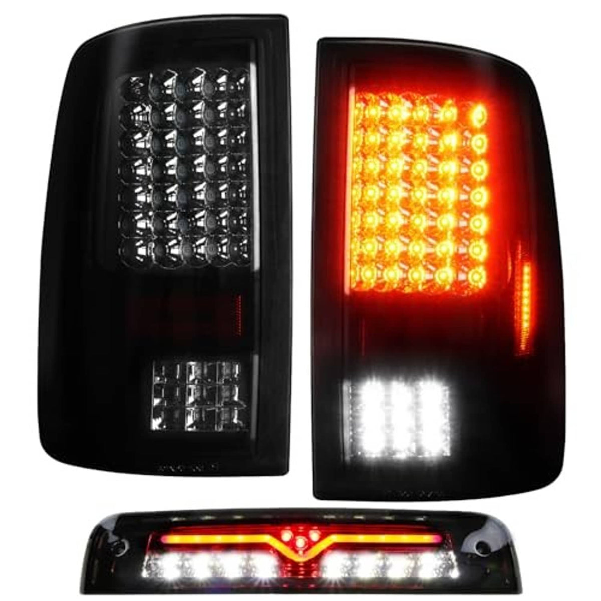 LED taillight pair with black housing and smoke lens; illuminated red and white LEDs