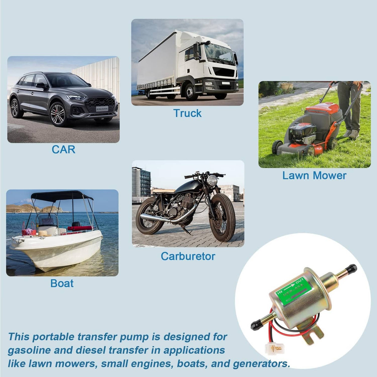 12V low-pressure electric fuel transfer pump with IN/OUT label and attached hoses