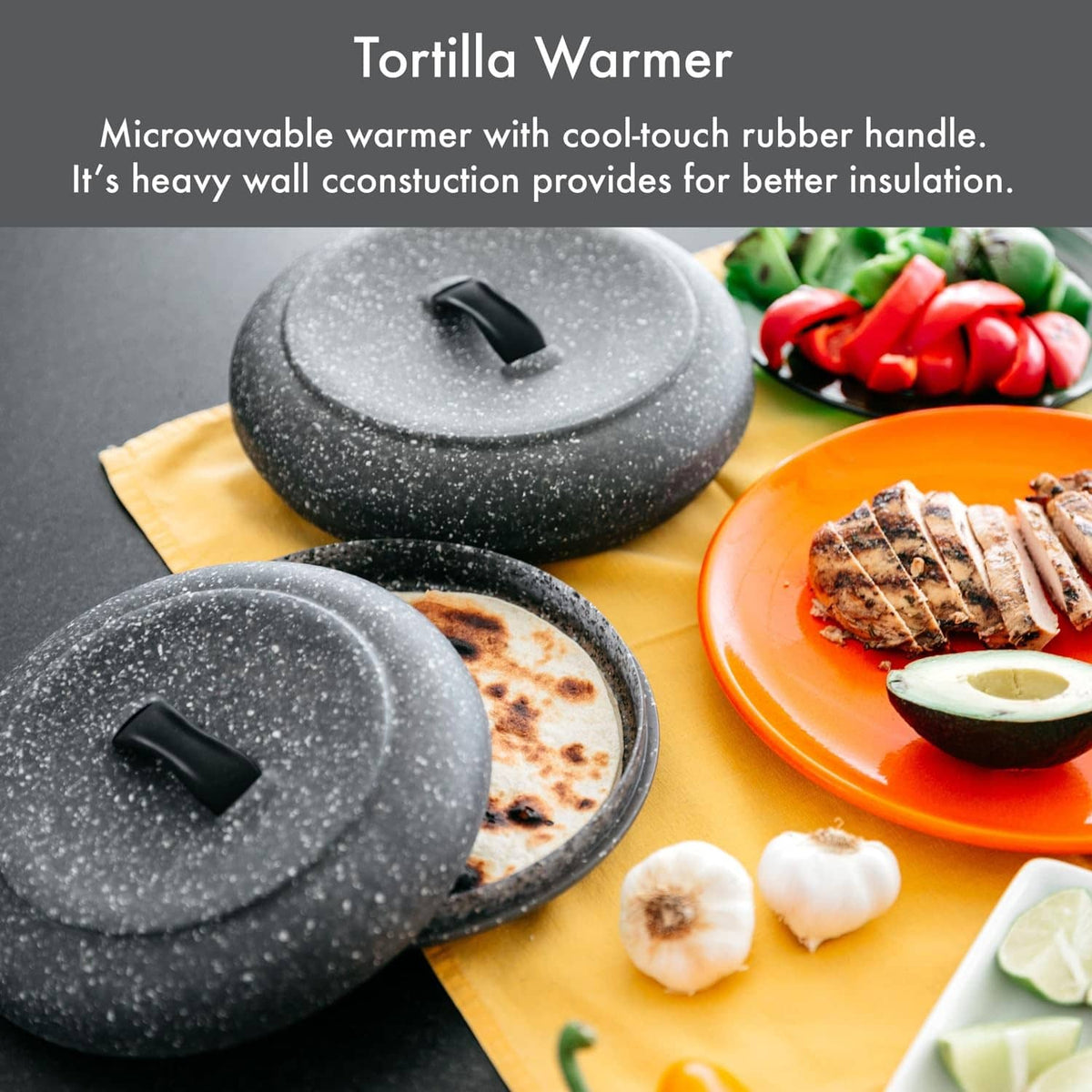 Granite-pattern tortilla warmer with lid and base for microwaving, textured black finish