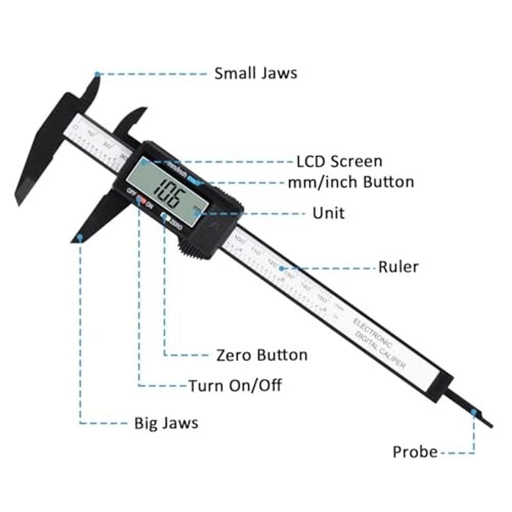 Black digital caliper parts diagram: LCD screen, unit label, jaws, and probe