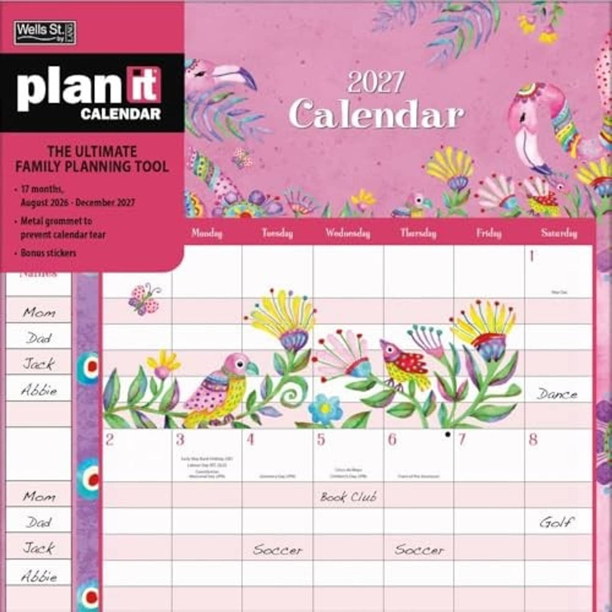 2027 wall calendar panel with bird-and-flower artwork and weekly date grid