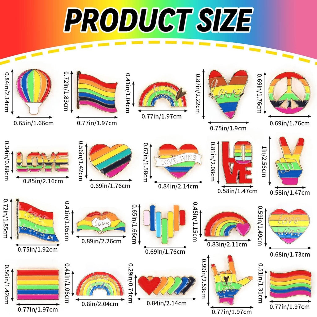 Rainbow Pride enamel pin icons shown with size labels, including hearts and rainbows.