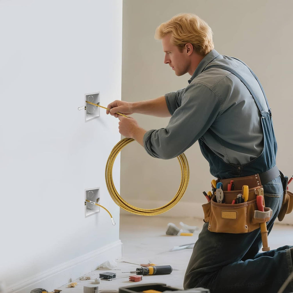 Electrician holding a gold wire puller (fish tape) near wall outlet openings.