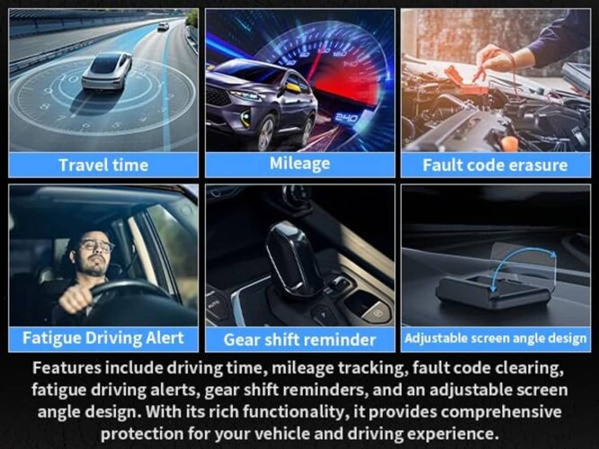 HUD projector dashboard unit with blue interface and multiple warning icons