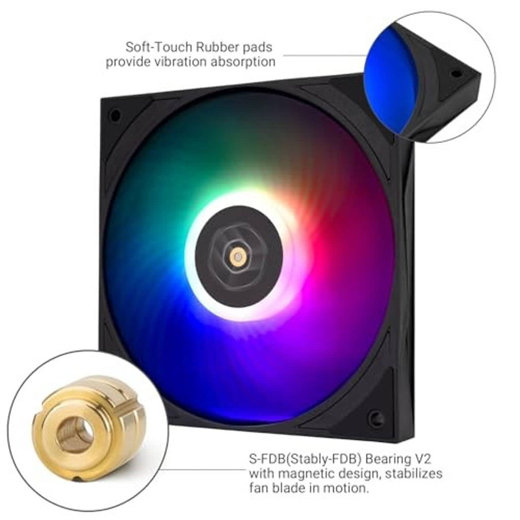 Black ARGB fan with RGB ring, soft-touch rubber pads detail and gold bearing inset