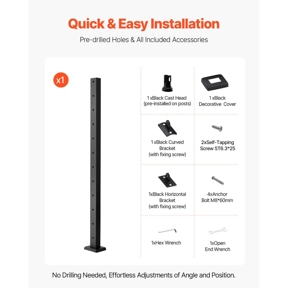 Cable railing post kit with pre-drilled posts and included mounting hardware