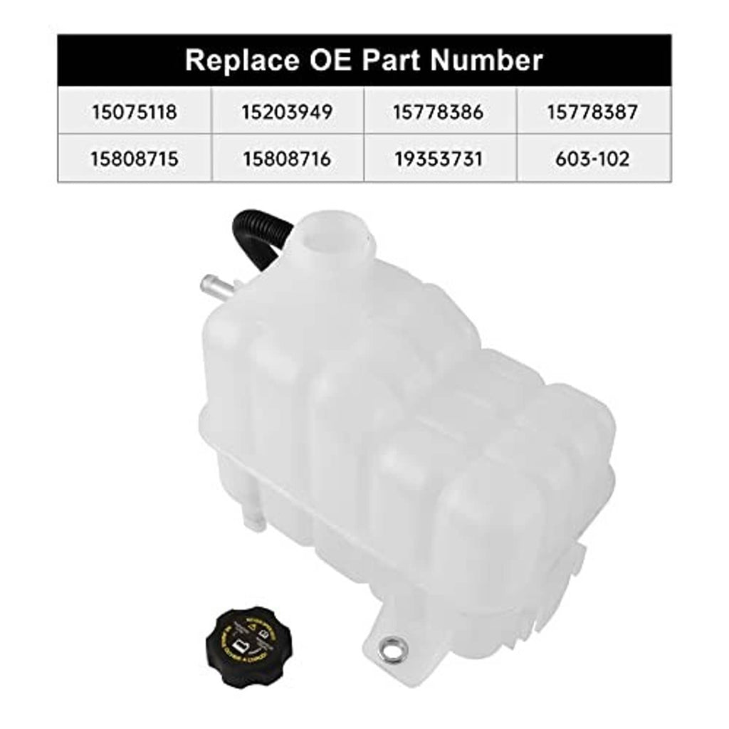 Engine coolant overflow tank with black cap, mounting bracket, and connecting hose