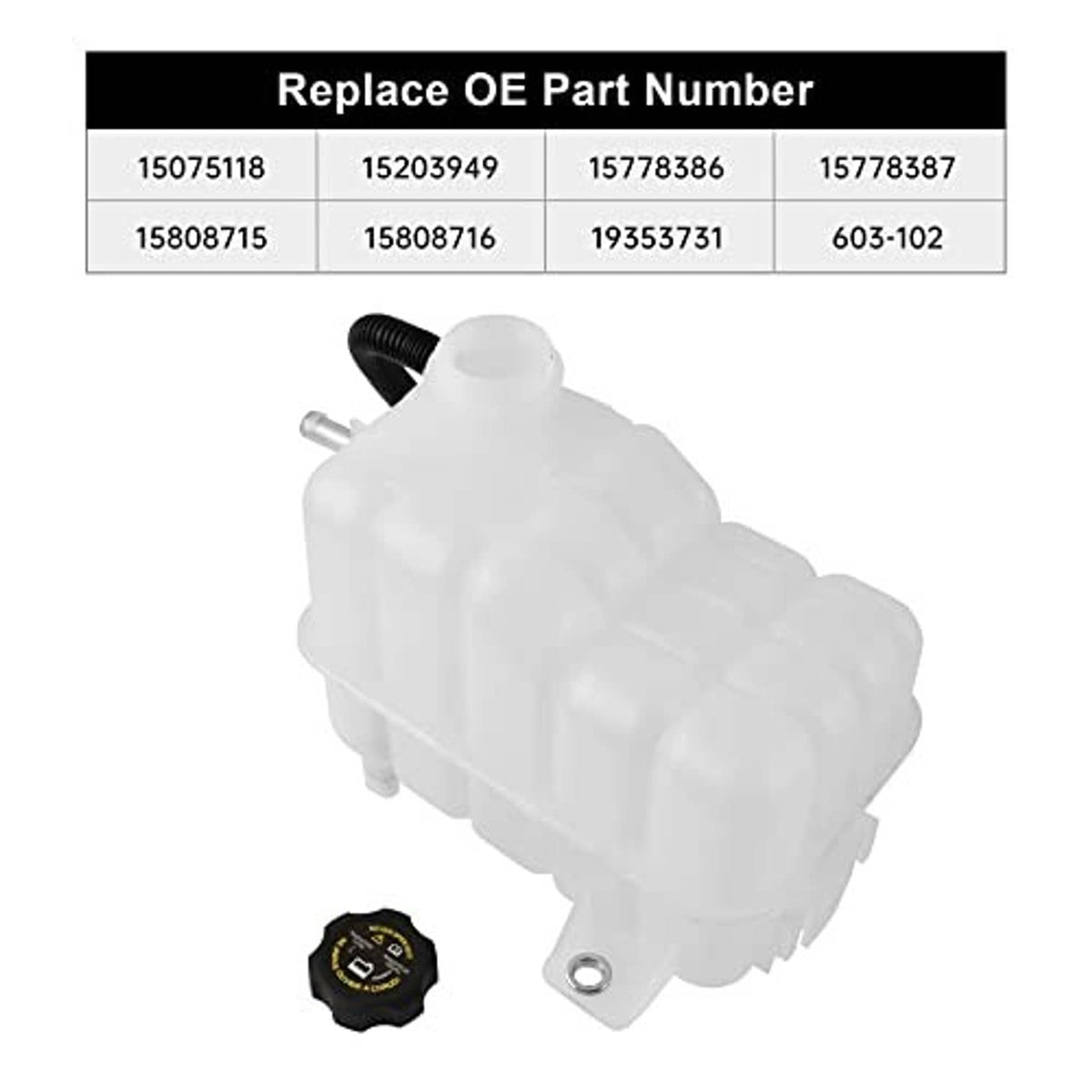 Engine coolant overflow tank with black cap, mounting bracket, and connecting hose