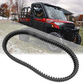 Black toothed drive belt for ATV/UTV, shown looped in front of a Polaris Ranger
