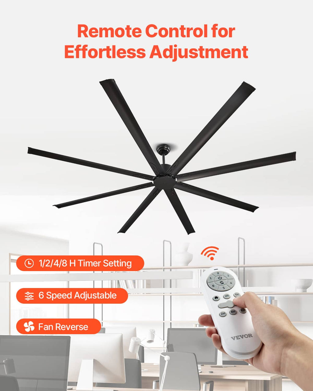 Black ceiling fan with remote control for speed adjustment and fan reverse direction
