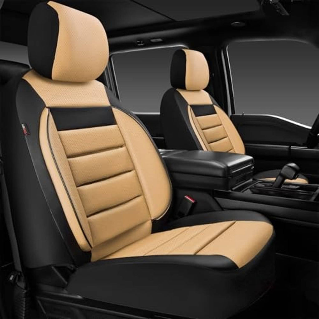Front seat cover set in beige and black faux leather with quilted center and headrest