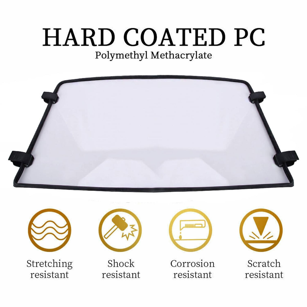 Full UTV windshield with clear poly panel and black mounting clips along the edges