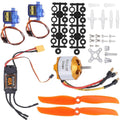 RC airplane motor and servo kit with orange propellers, blue servos, ESC, and hardware