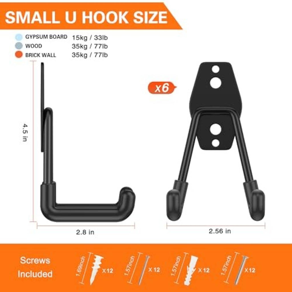 Black small U hooks (6-pack) with size diagram and screw details