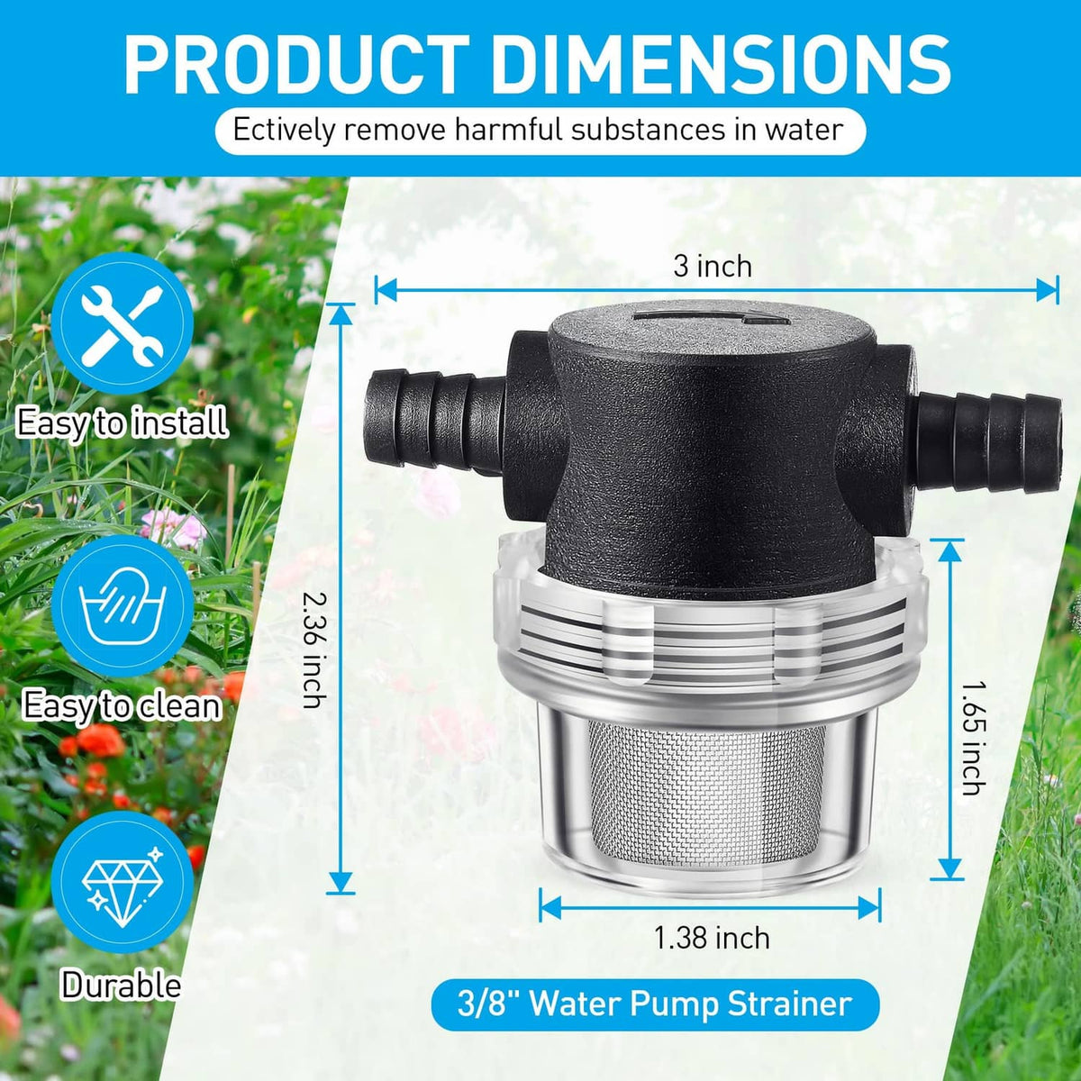 3/8 water pump strainer filter, black top and silver mesh canister, two hose ends