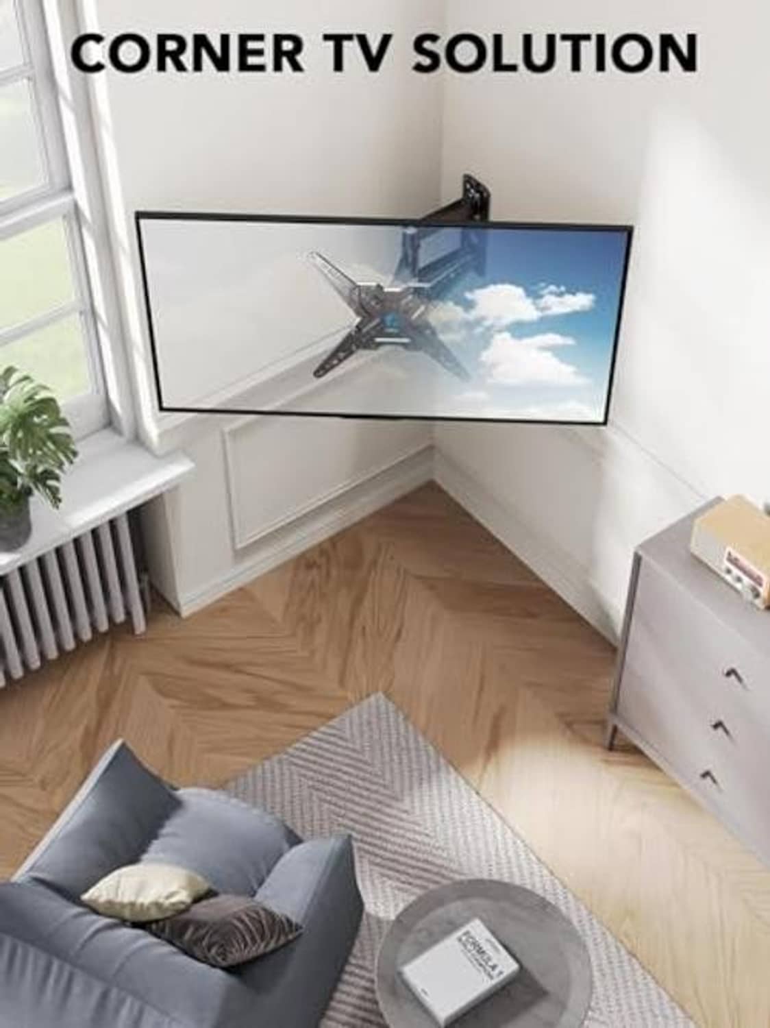 Corner TV wall mount installation showing bracket in a corner wall area