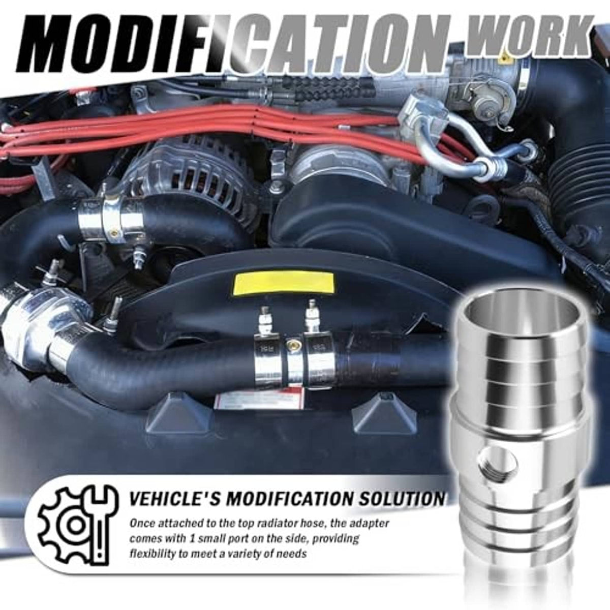 Aluminum car radiator hose adapter installed on engine bay, barbed ends with NPT port