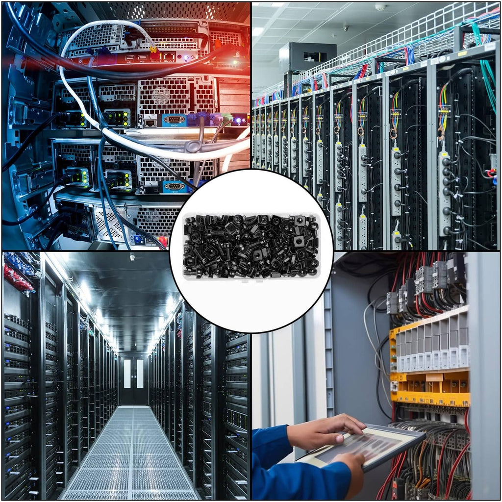 Black rack mount screws and cage nuts set for server racks, inset detail