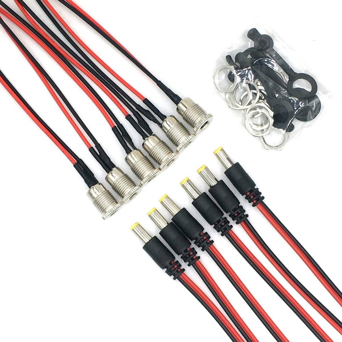 DC power jack socket set with threaded female panel mounts and red/black wire leads
