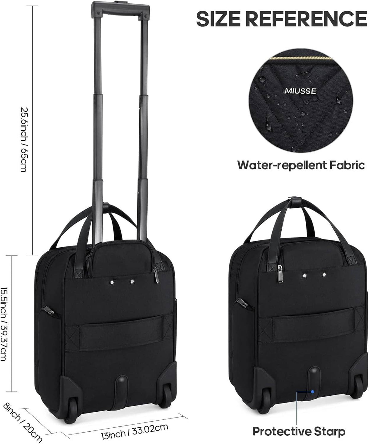 Black carry-on suitcase on wheels with extended pull handle, side view and dimensions