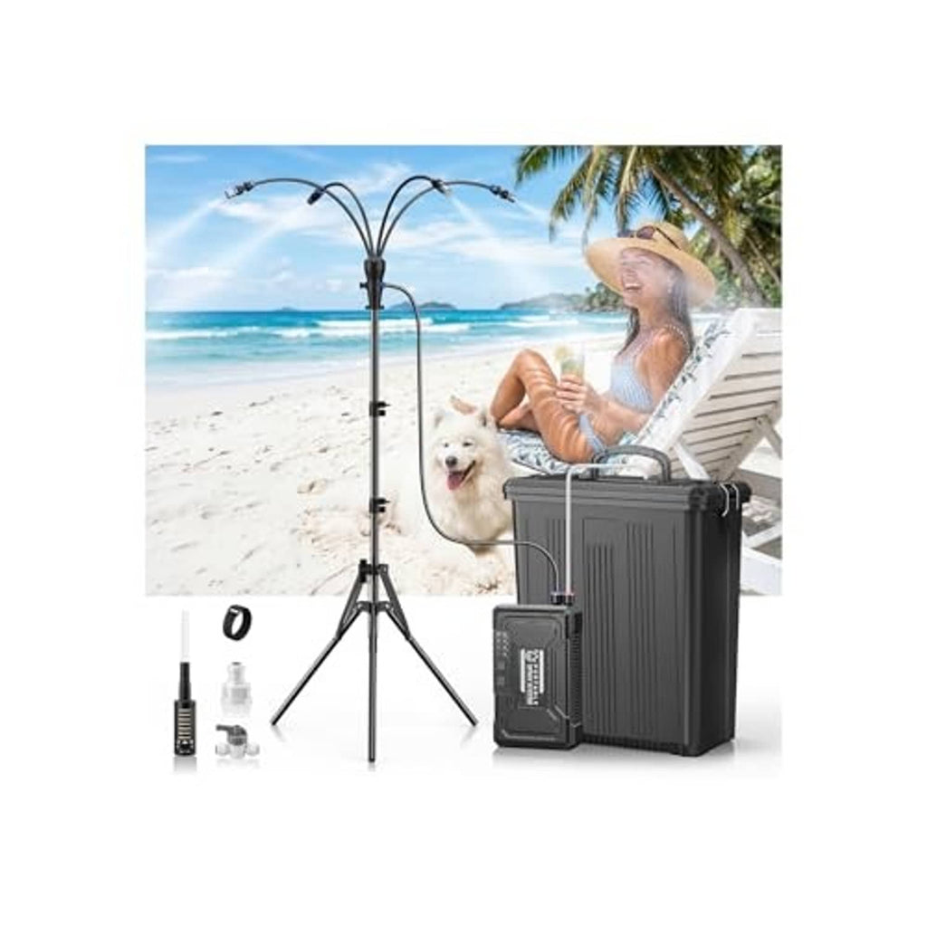 Portable misting system tripod with double-nozzle sprayer and gray pump and water tank