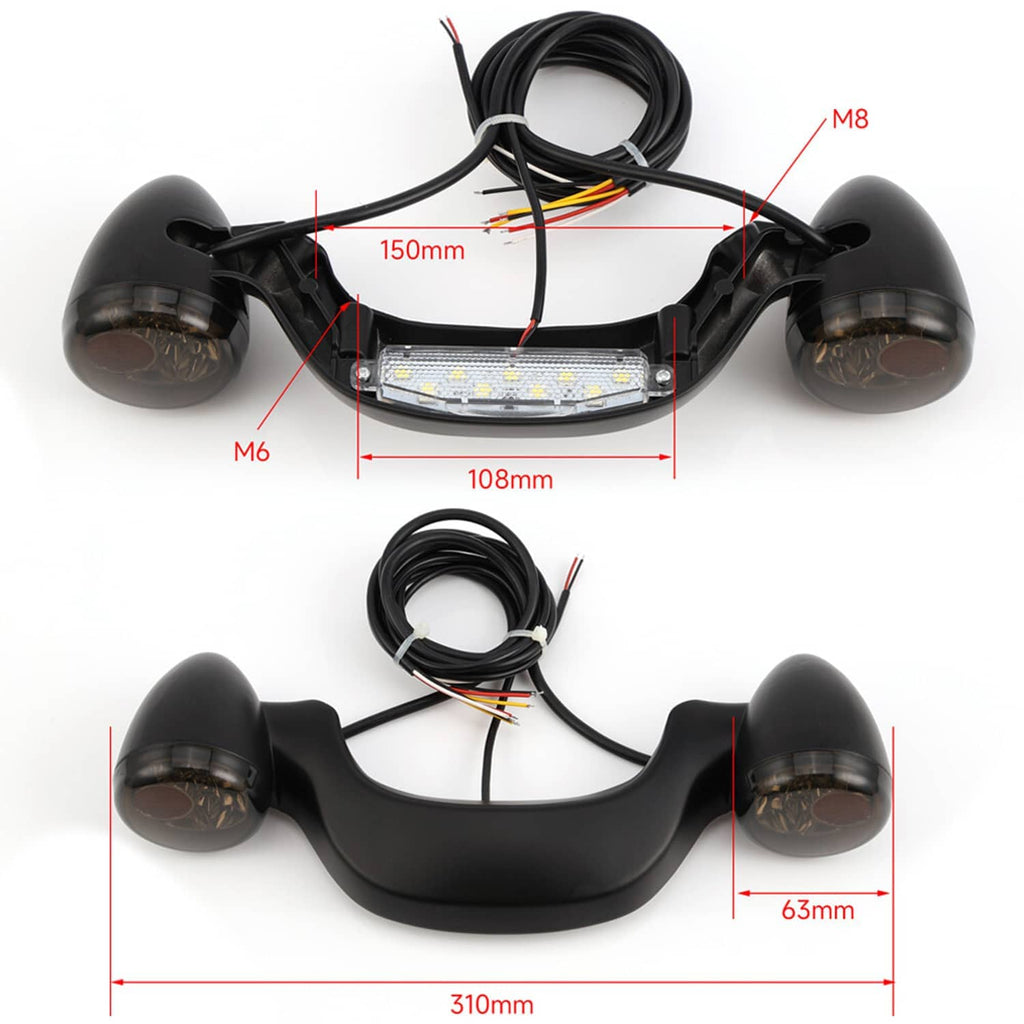 Rear light bar with two smoked lamps and labeled LED module dimensions