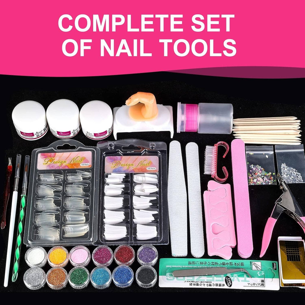 Complete nail tool kit with acrylic powder containers, brushes, and nail accessories