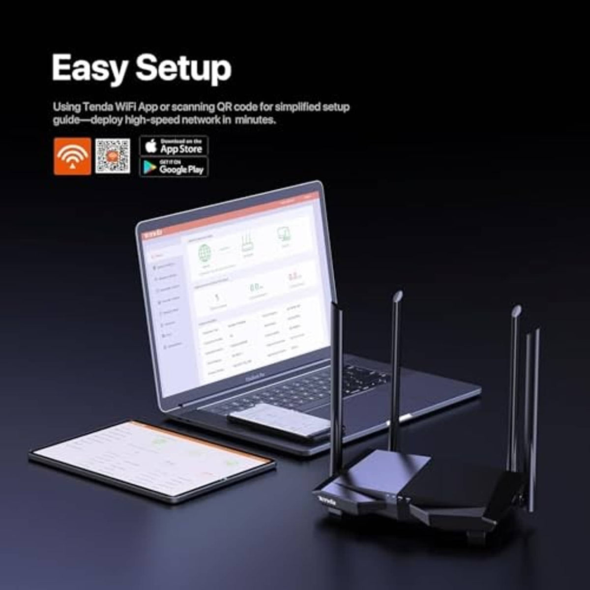 Tenda WiFi router with four antennas beside laptop/tablet during app setup.
