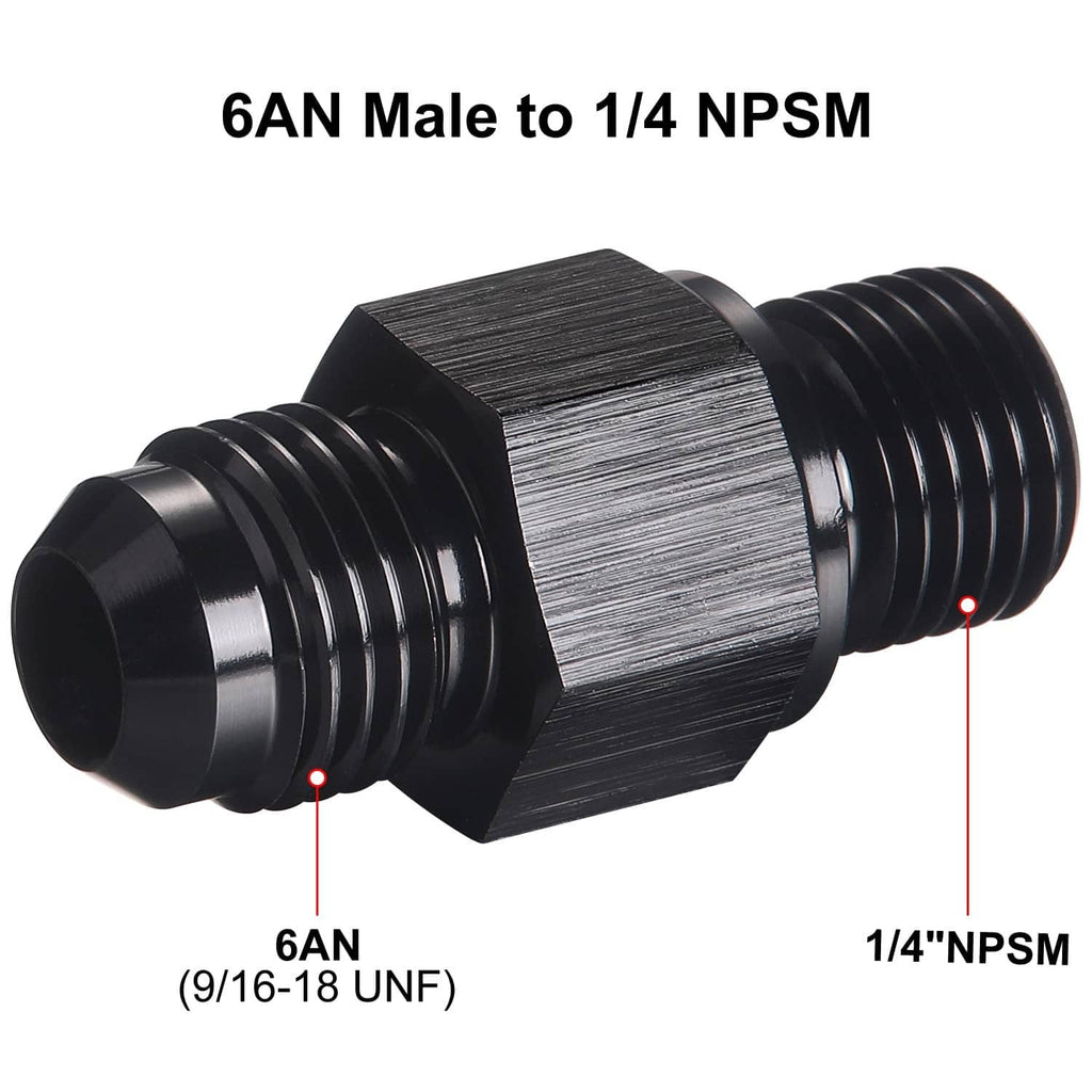 Black 6AN male to 1/4 NPSM threaded adapter fitting with hex body