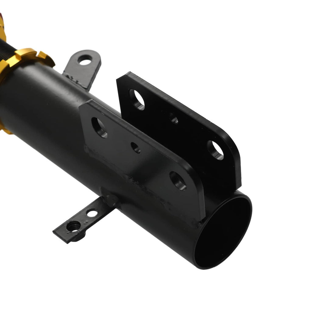 Coilover damper with black mounting bracket and large hollow tube end